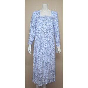 EILEEN WEST Long Sleeve White & Blue Floral 100% Cotton Nightgown Gown PL NEW C4